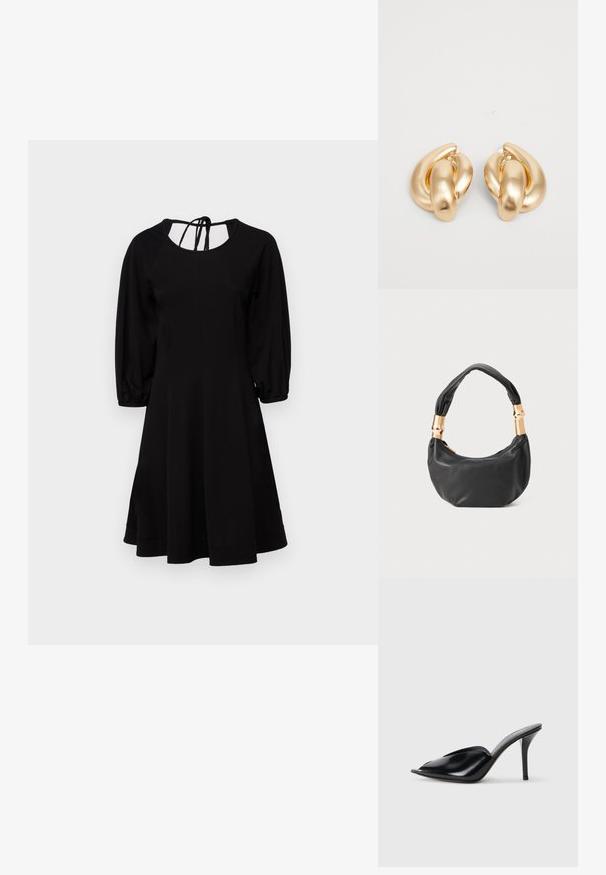 Robe noire avec un corsage ajusté, des manches bouffantes et une jupe plissée. Présente un col rond et un détail noué à l'arrière. Texture lisse.; Mules à talons hauts en cuir noir, avec un design à bout ouvert, pointu, texture lisse et un fin talon aiguille.; Sac à main en cuir noir de forme ronde, texture douce, et avec une anse nouée ornée d'accents en matériel doré. Fermeture éclair.; Boucles d'oreilles en métal doré présentant un design torsadé avec une surface lisse et brillante et des formes arrondies. Chacune mesure environ 5 centimètres.