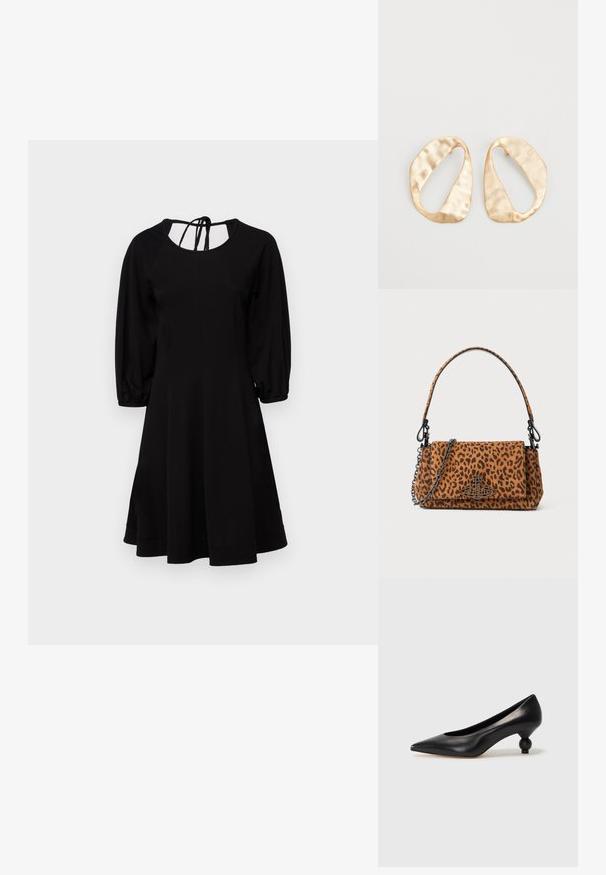 Schwarzes Kleid mit tailliertem Oberteil, gepufften Ärmeln und plissiertem Rock. Hat einen runden Ausschnitt und eine gebundene Rückendetail. Glatte Textur.; Schwarze Leder-Pumps mit spitzem Zehenbereich und runder, ballförmiger Ferse. Glatte Textur mit einem eleganten, minimalistischen Design.; Tasche im Leopardenmuster aus Wildleder mit kurzem Tragegriff, einer Kettenriemen und einem schwarzen Hardware-Verschluss. Rechteckige Form mit Klappenverschluss.; Ein Paar unregelmäßige, oval geformte Ohrringe aus goldfarbenem Metall mit einer strukturierten, leicht gehämmerten Oberfläche auf weißem Hintergrund.