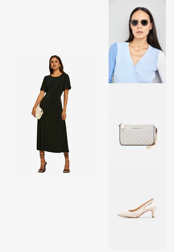 Friends Like These ITY FLUTTER SHORT SLEEVE MIDI - Žerzejové šaty - black; Bílé lodičky na podpatku s špicatou špičkou, hladkým svrškem, nízkým blokovým podpatkem a designem s bočním výřezem se stahovací sponou.; Kulaté sluneční brýle s tmavými čočkami a zlatými rámy. Modelka má na sobě světle modrý žebrovaný kardigan s knoflíky a kontrastními bílými rukávy.; Kabelka na zápěstí Michael Kors v béžové potažené plátno s opakujícím se vzorem loga MK, zlatými kovovými doplňky a odnímatelným řetízkovým popruhem.