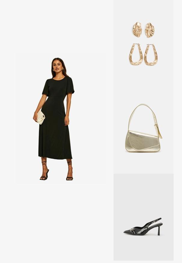 Friends Like These ITY FLUTTER SHORT SLEEVE MIDI - Dzsörzéruha - black; Fekete lakk bőr, hegyes orrú slingback cipő, boka pántokkal, ezüst csatokkal és hardverelemekkel, valamint karcsú sarkú.; Arany fémes kézi táska, strukturált dizájnnal, sima felülettel és állítható pánttal. Egyedi háromszög alakú, minimalistának mondható varrásokkal rendelkezik.; Aranyszínű fülbevalók, texturált, hullámos formákkal. Tartalmazza a szobrászati klipszes studokat és az open hoop kialakítást, kalapácsos felülettel.