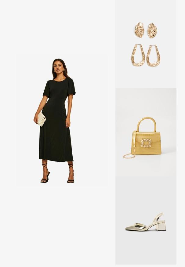 Friends Like These ITY FLUTTER SHORT SLEEVE MIDI - Jerseykleid - black; Goldene, metallische Slingback-Absätze mit spitzem Zeh und dicker Ferse. Glatte Textur, minimalistisches Design und ein schmaler Riemen.; Gelbe Kunstleder-Handtasche im Krokodil-Look mit strukturiertem Design, Obergriff, abnehmbarem Kettenriemen und dekorativer Kristallverzierung am Verschluss.; Ohrringe in Goldoptik mit strukturierten, gewellten Formen. Beinhaltet skulpturale Clip-Ohrringe und ein offenes Hoop-Design mit gehämmertem Finish.