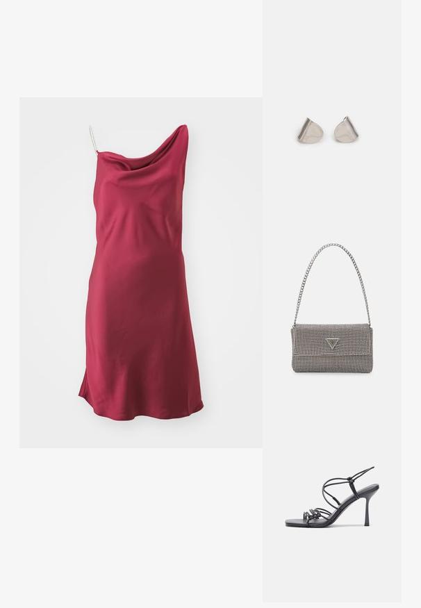 HUGO KASTILLA - Koktélruha / Partiruha - medium red; Fekete magas sarkú szandálok vékony pántokkal, csomózott mintával, sima négyzetes orral és karcsú stiletto sarkal rendelkeznek.; Világosszürke fémes kézitáska lánc pánttal, kis kör alakú fém kifinomult díszítéssel és háromszög alakú márkagéppel.; Ezüst fém fülbevalók sima, csepp alakú formával és fényes felülettel. Finom gravírozások teszik részletessé. Minimalista dizájn.