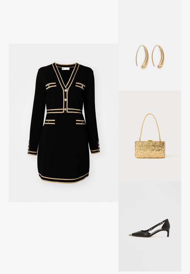 Fekete ruha hosszú ujjakkal, V nyakkivágással, arany díszítésű csíkokkal és négy dekoratív zsebbel, fém gomb részletekkel.; Fekete bőrből készült kismagassarkú, hegyes ezüst orrkupakkal és dupla csatos pántokkal, fehér háttéren.; Arany flitteres clutch táska, téglalap alakú, csavart lánckarabinerekkel és fém záródással, mely fényt tükröz a textúrált felületének köszönhetően.; Aranyszínű fémből készült karika fülbevalók ívelt, hosszúkás formával. Simaságával és fényes felületével, valamint lekerekített végével további részletekkel bővül.
