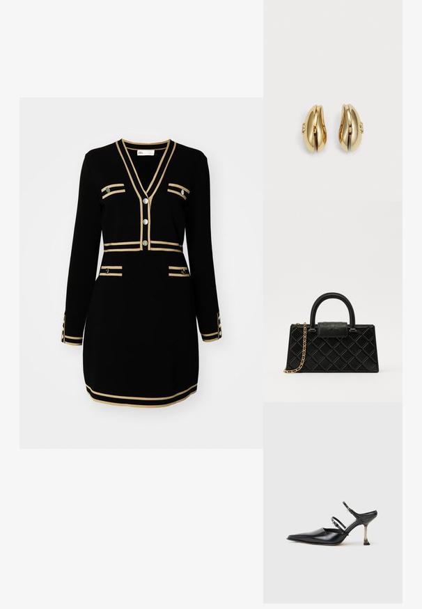 Abito nero con maniche lunghe, scollo a V, strisce accentate in oro e quattro tasche decorative, con dettagli di bottoni metallici.; Scarpa slingback in pelle nera con punta a punta, dotata di due cinturini regolabili e un tacco metallico. Texture liscia e design minimalista.; Borsetta nera realizzata in pelle texturizzata, con un motivo a diamante, una tracolla in metallo dorato e un manico superiore con chiusura a pattina con logo in rilievo.; Orecchini in tonalità oro con un design fluido e curvato. Ogni orecchino presenta una superficie liscia e un piccolo gancio con un dettaglio decorativo.