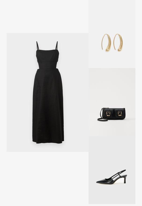 Czarna, bezrękawna sukienka maxi z dopasowanym gorsetem i pełną spódnicą; wykonana z lekkiego materiału, z cienkimi regulowanymi ramiączkami.; Czarne lakierowane czółenka na obcasie typu slingback z wąskim noskiem, z teksturowanym wzorem wężowym, regulowanym paskiem oraz krótkim, teksturowanym obcasem w kształcie słupka.; Czarna skórzana torba na ramię z dwoma przednimi kieszeniami, złotymi klamrami, zamkiem błyskawicznym i cienkim paskiem. Teksturowana powierzchnia i kompaktowy prostokątny kształt.; Złote metalowe kolczyki w kształcie obręczy o zakrzywionym, wydłużonym kształcie. Posiadają gładką, błyszczącą powierzchnię oraz zaokrąglony koniec dla dodatkowego efektu.
