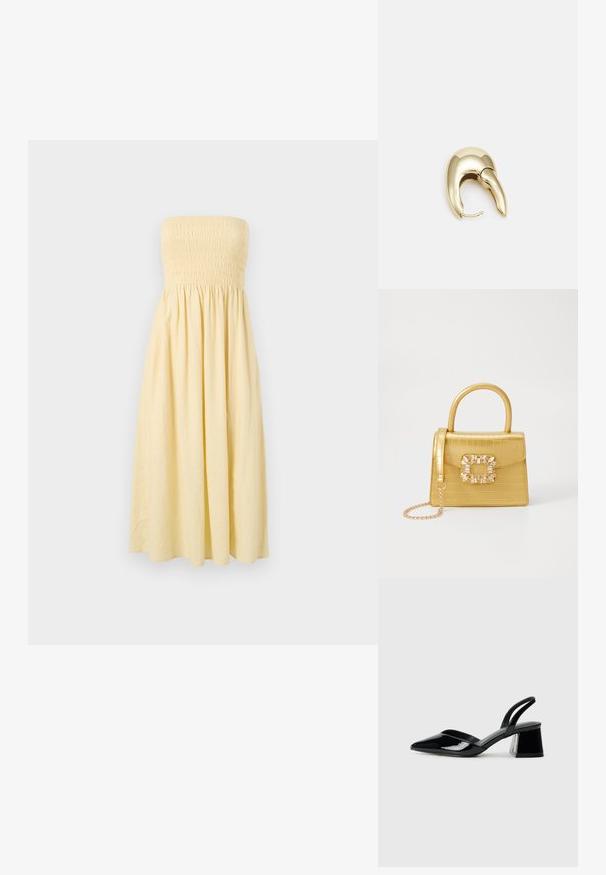 Bezramienkov dress v žltej farbe so zúženým živôtikom a splývavou sukňou v A-líne, vyrobený z ľahkej tkaniny, sa vyznačuje jednofarebným prevedením a bez vzorov.; Čierne lakované kožené sandálové podpätky s špicatou špičkou a geometrickým blokovým podpätkom. Disponujú elegantným, minimalistickým dizajnom a hladkým povrchom.; Žltá falošná krokodília kabelka so štruktúrovaným dizajnom, horným držadlom, odnímateľným reťazovým popruhom a dekoratívnym kryštálovým ozdobením na zapínaní.; Náušnice z kovu v zlatej farbe s elegantným, zakriveným dizajnom. Majú charakteristický špicatý tvar, leštený povrch a uzáver na pánt.