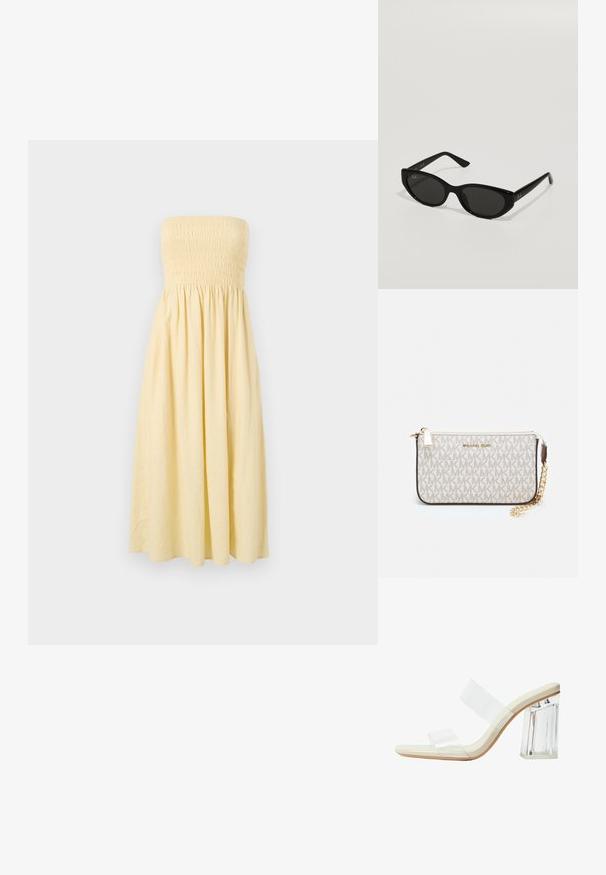 Olkaimeton keltainen mekko, jossa on kootun yläosan ja hulmuava A-linjainen hame. Mekko on valmistettu kevyestä kankaasta ja siinä on yksivärinen pinta ilman kuvioita.; Sandaalit, joissa on läpinäkyvät hihnat, beige jalkapohja ja paksu läpinäkyvä korko. Suora ja sileä muotoilu, minimalistinen estetiikka.; Mustat aurinkolasit, joissa on kapea kissamainen muoto. Valmistettu sileästä muovista, tummilla linsseillä ja hienovaraisilla logokorostuksilla temples.; Michael Kors kääröbeige pinnoitettua kangasta, jossa on toistuva MK-logo -kuvio, kultaiset yksityiskohdat ja irrotettava ketjuhihna.