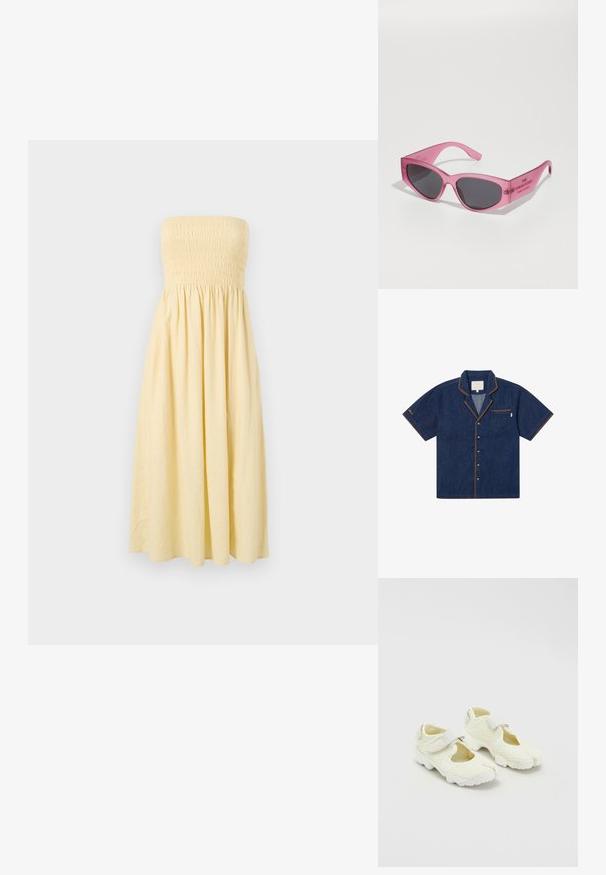 Rochie galbenă fără bretele, cu un corset plisat și o fustă fluidă în formă de A, realizată dintr-un material ușor, cu o culoare solidă și fără modele.; Cămașă din denim cu mânecă scurtă în nuanță de albastru închis, având o buzunare pe piept, cusături contrastante portocalii și un guler clasic. Prezintă închidere cu nasturi.; Pantofi din plasă albă cu un design structurat, dotat cu o curea Velcro și laturi decupate, țesătură texturată și o talpă chunky.; Ochelari de soare roz transparenți, cu formă unghiulară de tip cat-eye, lentile întunecate și text embosat pe sprânceană care citește "OCHILARII DE SOARE."; Geantă hobo din piele bordeaux cu o siluetă curbată, închidere cu fermoar și un mânere pentru umăr cu detalii din metal argintiu.