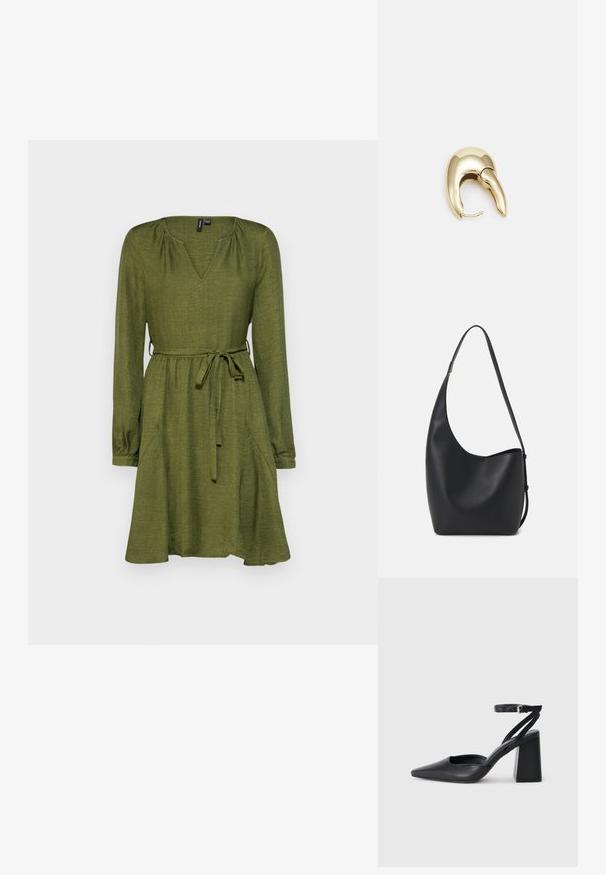 Žalia suknelė su V formos iškirpte, ilgomis rankovėmis ir juosmens raišteliu. Turinti šonines kišenes ir laisvą siluetą, pagaminta iš tekstūruoto audinio.; Juoda odinė smailiagalė aukštakulnio bateliai su kulkšnies dirželiu ir storu kulnu. Lygus paviršius, elegantiškas dizainas ir minimalistiška estetinė. ; Juodas odinis hobo maišas su lygiu paviršiumi, kreipta forma ir viena reguliuojama rankena; turi platų atidarymą viršuje.; Aukso tono metalinės auskarai su stilingu, kreiviu dizainu. Išsiskiria ryškiu smailiu pavidalu, poliruota paviršiumi ir užsegimu su vyriu.