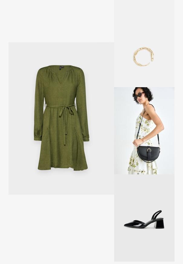 Zaļas kleitas ar V veida izgriezumu, garām piedurknēm un jostu. Satur sānu kabatas un ir brīvas piegriezuma, izgatavota no teksturētas auduma.; Melna lakota āda ar atvērto papēdi, ar smailu purngalu un ģeometrisku blokpapēdi. Iezīmējas elegants, minimāls dizains un gluda tekstūra.; Melnas ādas rokassoma ar izliekta formu, noņemamu siksnu un zelta aksesuāriem. Somai ir vāciņš ar sprādzes detaļu.; Zelta toņa gredzens ar organisku, vērptu dizainu, gludu virsmu un sašaurinātiem galiem, radot mūsdienīgu, skulpturālu izskatu.