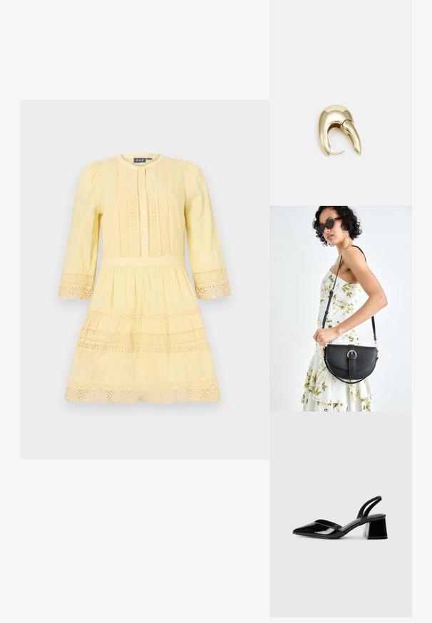 Rochie galbenă cu mâneci lungi, închidere cu nasturi și detalii din dantelă pe bust și margine. Material ușor, design cu fuste în straturi.; Pantofi cu toc slingback din piele lacuită neagră, cu vârf ascuțit și toc geometric. Prezintă un design elegant, minimalist și o textură netedă.; Geantă din piele neagră, cu o formă curbată, curea detașabilă și accesorii aurii. Geanta are un capac cu un detaliu tip cataramă.; Cercei din metal de culoare aurie cu un design elegant și curbat. Prezintă o formă distinctivă, ascuțită, o suprafață lustruită și un sistem de închidere cu balama.