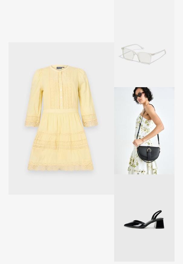 Geltona suknelė su ilgomis rankovėmis, mygtukų priekyje ir nėrinių detalėmis ant bodicio ir hem. Lengva medžiaga, sluoksniuota sijono konstrukcija.; Juodos lakuotos odinės šlepetės su smailiu pirštu ir geometriniu bloko kulnu. Turi elegantišką, minimalistinį dizainą ir lygų paviršių.; Permat nuleidžiai skaidrūs kvadrato formos akinius su permatomais lęšiais, kurie turi auksines detales ant šventyklų.; Juodas odinis krepšys su išlenkta forma, nuimamu dirželiu ir auksiniais detalėmis. Krepšys turi kilpą su sagtimi.