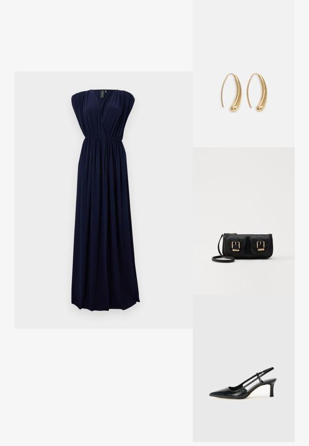 Tengerés maxi ruha áramló anyagból, mély V-kivágással, redőzött vállakkal és elasztikus derékpánttal a formáért.; Fekete lakk slingback sarok, hegyes orral, texturált kígyómintával, állítható pánttal és rövid, texturált tömbsarkal.; Fekete bőr keresztbody táska két elülső zsebbel, arany csattokkal, cipzáras záródással és vékony pánttal. Textúrált felület és kompakt téglalap alak.; Aranyszínű fémből készült karika fülbevalók ívelt, hosszúkás formával. Simaságával és fényes felületével, valamint lekerekített végével további részletekkel bővül.