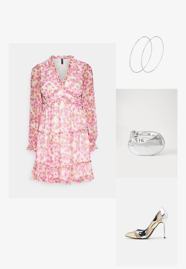 Cvjetna haljina s dugim rukavima, čipkastim izrezom i složenim dizajnom. Ima ružičasto-zelenu cvjetnu šaru na laganom materijalu.; Cipele s visokom potpeticom i špicastim vrhom u srebrnoj, zlatnoj i nude boji. Sjajan finiš s izrezbarenim dizajnom, s potpeticom u obliku stiletto.; Srebrna metalik torbica s mekim, zaobljenim oblikom i čvorastim zatvaranjem na vrhu. Izrađena od glatke sintetičke kože.; Srebrne okrugle naušnice s minimalističkim dizajnom. Kružni oblik, glatka tekstura i tanak profil. Lagane s poliranim završetkom.