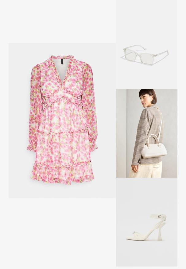 Vestido floral com mangas longas, decote com volantes e design em camadas. Apresenta um padrão floral em rosa e verde em tecido leve.; Sandal de salto alto com tiras em couro branco, com um design elegante, um salto bloco transparente e um elemento decorativo na ponta.; Óculos quadrados de plástico transparente com lentes translúcidas, apresentando detalhes em dourado nas hastes.; Bolsa estruturada branca com alças curtas e uma alça de ombro, com detalhes em hardware dourado e material texturizado, exibida contra um fundo cinza.