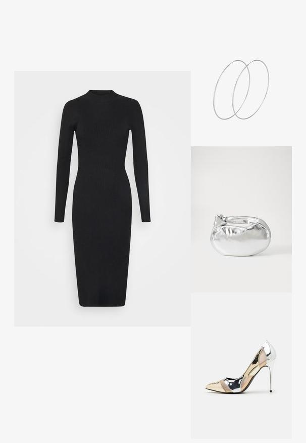 Abito a maglia nero a costine con maniche lunghe, collo alto e silhouette aderente, che termina appena sotto il ginocchio. Texture liscia, senza motivi.; Scarpa con tacco alto a punta, con una combinazione di colori argento, oro e nudo. Finitura lucida con design a ritaglio, con tacco a stiletto.; Borsa a pochette metallica argentea con una forma morbida e arrotondata e chiusura superiore annodata. Realizzata in materiale sintetico morbido.; Orecchini a cerchio in argento con un design minimalista. Forma circolare, superficie liscia e profilo sottile. Leggeri con una finitura lucida.