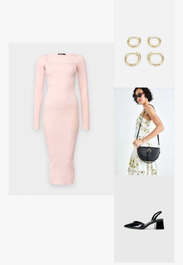 Ilgais rankovėmis, susiglaudęs megztas suknelė švelnios rožinės spalvos, su kvadrato iškirpte ir prigludusia siluetu, siekiančia iki vidurio blauzdos.; Juodos lakuotos odinės šlepetės su smailiu pirštu ir geometriniu bloko kulnu. Turi elegantišką, minimalistinį dizainą ir lygų paviršių.; Juodas odinis krepšys su išlenkta forma, nuimamu dirželiu ir auksiniais detalėmis. Krepšys turi kilpą su sagtimi.; Auksiniai kabančių auskarai, keturios dalys, lygi apdaila, suapvalinta forma, įvairių dydžių, su pasukamu užsegimu, kad būtų lengva dėvėti.
