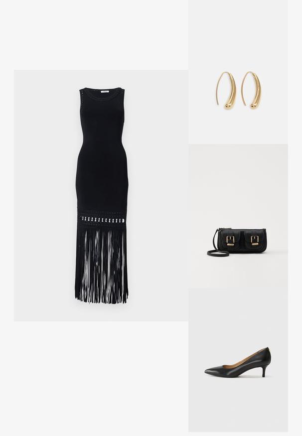sandro ROBE MIDI BAS BIJOUX FRANGES - Cocktailkleid/festliches Kleid - noir; Schwarzer Lederpumps mit spitzem Zehenbereich, niedrigem Absatz und glatter Textur. Verfügt über eine leichte Öffnung an der Vorderseite und minimale Beschläge an der Rückseite.; Schwarze Leder-Umhängetasche mit zwei vorderen Taschen, goldenen Schnallen, Reißverschluss und einem schmalen Tragegurt. Texturierte Oberfläche und kompakte rechteckige Form.; Goldfarbene Metall-Hoops mit einer geschwungenen, länglichen Form. Sie verfügen über eine glatte, glänzende Oberfläche und eine abgerundete Spitze für zusätzliche Details.