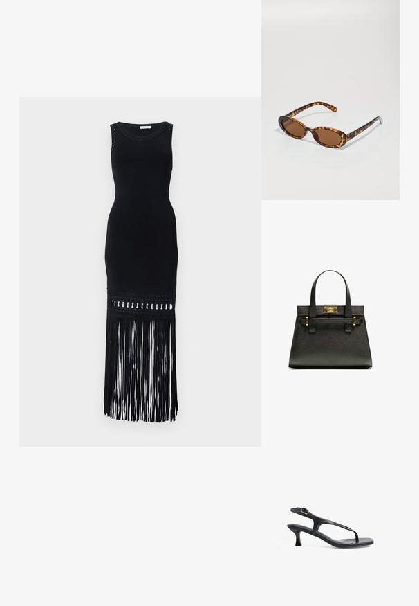 sandro ROBE MIDI BAS BIJOUX FRANGES - Juhlamekko - noir; Mustat nahkasandaalit, joissa on hoikka muotoilu, ohuet hihnat ja pieni korko. Varustettu solkiyksityiskohdalla ja sileäpintaisella pohjalla.; Silmustäkkilised prillid ovaalsete raamidega, pruunid läätsed ja õhukesed mustad käepidemed, millel on peened mustri aksendid.; Musta tekstuuriline ostukott lühikeste käepidemetega, millel on kuldne lukustus ja aktsendid. Kujundus on struktureeritud koos geomeetrilise siluetiga.