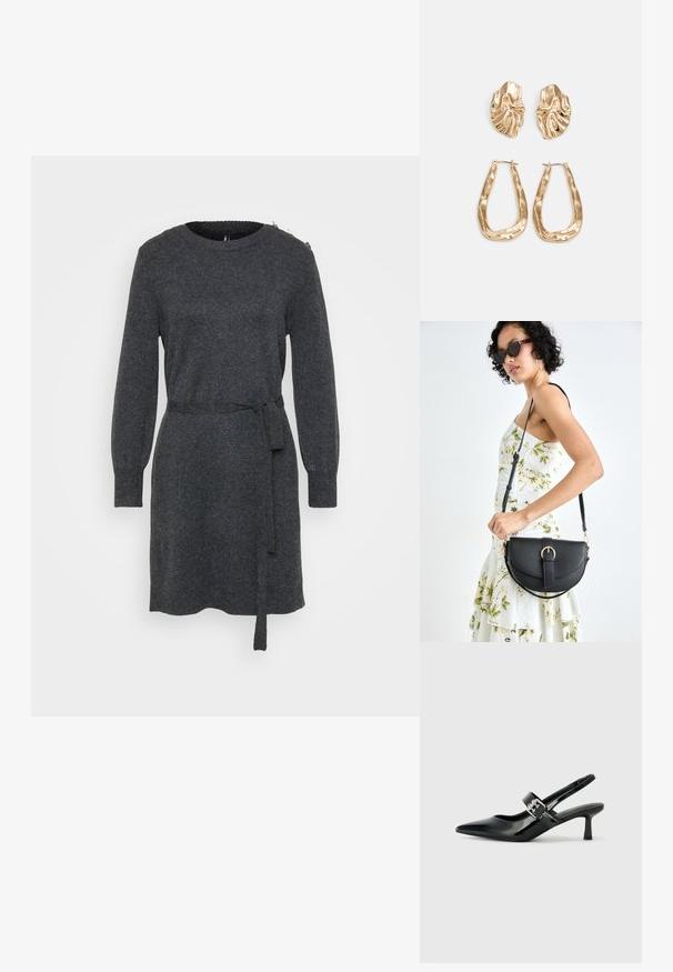 Oglatna siva dolga pletena obleka z okroglim izrezom, s stranskim pasom za vezanje, rebrastimi manšetami in detajli gumbov na levi rami.; Črne patent usnjene slingback pete s koničastim nosom in majhnim blok peto, ki vključujejo srebrno zaponko na traku.; Črna usnjena torbica s ukrivljeno obliko, z odstranljivo naramnico in zlatimi dodatki. Torbica ima pokrov s podrobnostmi v obliki zaponke.; Zlato obarvani uhani z teksturiranimi, valovitimi oblikami. Vključujejo skulpturalne sponke za ušesa in odprto obliko obročka s kladivastim finišem.