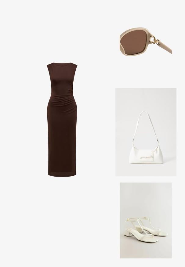 Ruda, be rankovių, midi suknelė iš lygaus, elastingo audinio. Pabrėžiami šoniniai raukiniai tekstūrai ir pritaikytas siluetas. Nėra matomų akcentų.; Baltos odinės blokinių kulniukų sandalai su T formos dirželiu, kvadratiniu pirštu ir tekstūruotu kulno akcentu su glotna apdaila. Auksiniai aksesuarai.; Šviesiai smėliniai saulės akiniai su rudais lęšiais, apvaliai kvadratinis rėmas, auksinės detalės prie vyrių ir šviesiai tekstūruotos kojos.; Balta sintetinė rankinė trikampio formos, plokščiu priekiu su užsegimu, kaspino detale, reguliuojama dirželiu, lygia tekstūra ir minimalistišku dizainu.