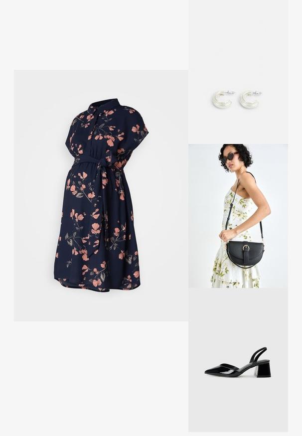 Vestido floral azul marinho com gola, mangas curtas e cintura atada. Apresenta um padrão de flores cor-de-rosa e tecido leve.; Sandy em verniz preto com salto slingback, ponta afilada e salto geométrico. Apresenta um design elegante e minimalista com textura suave.; Bolsa de couro preta com forma curva, alça destacável e detalhes em dourado. A bolsa possui uma aba com detalhe de fivela.; Brincos em tom prateado com um design em argola torcida, apresentando uma superfície texturizada e detalhes canelados, fixados com um fecho de pino.