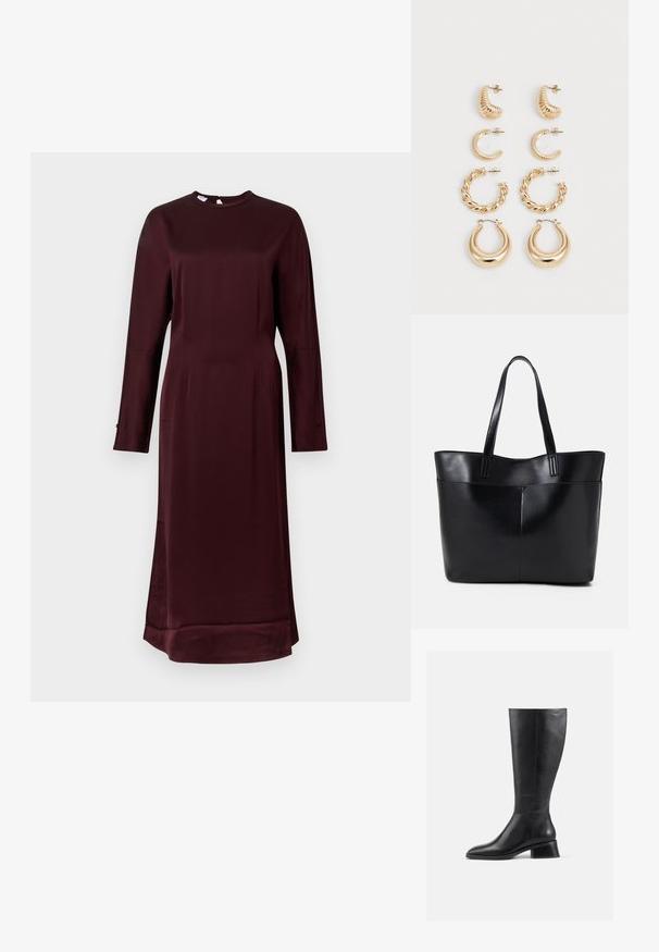 Long-sleeve, dark burgundy midi dress with high neckline and buttoned cuffs, displayed on a plain light background.; Knee-high black leather boot with a rounded toe and low, block heel. Features a smooth texture and minimal stitching detail.; Black leather tote bag with two long handles, a smooth texture, and a structured shape. Features a front pocket for additional storage.; Set of five gold earrings, featuring varying designs: twisted, ridged, and smooth surfaces in hoop and crescent shapes.