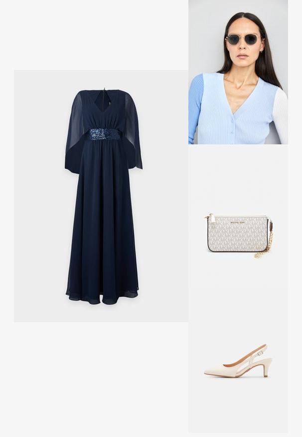 Marineblaues Maxikleid mit V-Ausschnitt und transparenten Cape-Ärmeln. Ein Paillettenbund verleiht Textur und Glanz. Glattes, fließendes Material.; Weiße Slingback-Absätze mit spitzer Zehenpartie, glattem Obermaterial, niedrigem Blockabsatz und seitlichem Ausschnitt-Design mit verstellbarem Schnallenriemen.; Runde Sonnenbrillen mit dunklen Gläsern und goldenen Rahmen. Das Modell trägt eine hellblaue, gerippte Strickjacke mit Knöpfen und weißen Kontrastärmeln.; Michael Kors Clutch in beige beschichtetem Canvas mit einem wiederholten MK-Logo-Muster, goldfarbener hardware und einem abnehmbaren Kettenriemen.