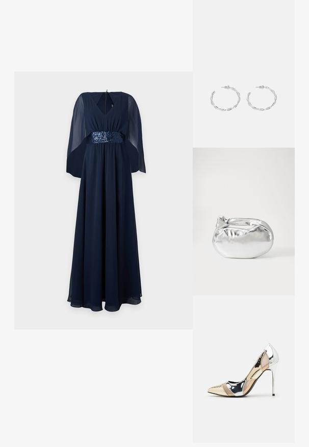 Námorně modré maxi šaty s výstřihem do V a průhlednými kimonovými rukávy. Pás zdobený flitry dodává texturu a lesk. Hladká, splývavá látka.; Lodička s špičatou špičkou a kombinací stříbrné, zlaté a tělové barvy. Lesklý povrch s vykrojeným designem, s jehlovým podpatkem.; Stříbrná kovová taška s měkkým, zaobleným tvarem a uzávěrem s uzlem. Vyrobena z hladké umělé kůže.; Stříbrné kruhové náušnice s točeným designem, se lesklým povrchem a uzávěrem na kolík. Průměr přibližně 3 cm.