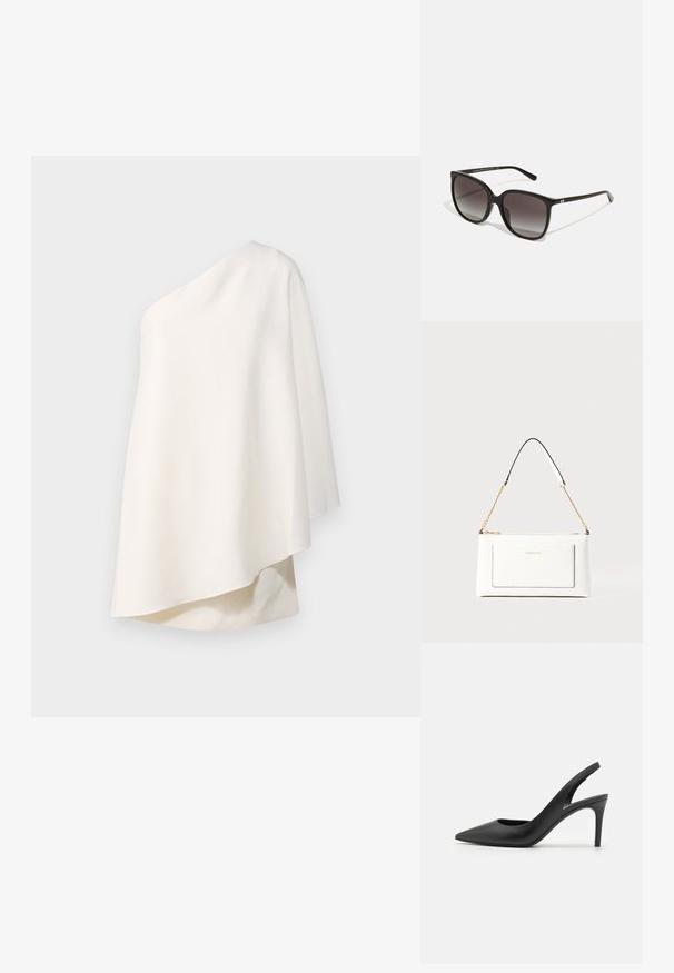 Halston MELINA  - Kokteilinė suknelė / vakarėlių suknelė - chalk; Juodos odinės šlepetės su aukštu kulnu ir ilgu smailiu nosiu, turinčios išpjovą priekyje ir ploną stiletą.; Juodos stačiakampės saulės akinės su gradientiniais lęšiais, plastikiniu rėmu ir metaliniu logotipo akcentu ant šventyklos. Klasikinis dizainas su lygiu paviršiumi.; Balta odinė rankinė su tekstūruotu paviršiumi, turinti auksinį grandinėlės dirželį ir juodas detales. Įskaičiuota priekinė kišenė ir užtrauktuko uždarymas.