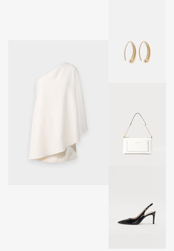 Halston MELINA - Cocktail dress / Party dress - chalk; Black patent leather slingback pump with pointed toe, slim heel, and a subtle cutout design. Features a gold buckle on the strap.; White leather handbag with a textured finish, featuring a gold chain strap and black accents. Includes a front pocket and zipper closure.; Gold-tone metal hoop earrings with a curved, elongated shape. Features a smooth, shiny surface and a rounded tip for added detail.