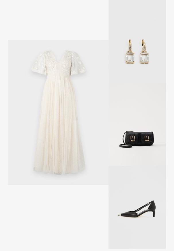 Maksikop v kremni barvi z V-izrezom, napihnjenimi rokavi in cvetličnim vezenjem. Krilo vsebuje prosojne plasti s pikami za dodatno teksturo.; Črni usnjeni čevelj z rahlo peto, z ostro srebrno konico in dvema paščkoma z zaponkama na belem ozadju.; Črna usnjena torbica čez ramo z dvema sprednjima žepoma, zlatimi zaponkami, zadrgo in ozkim pasom. Tekstura površine je strukturirana, obliko pa ima kompaktno pravokotno.; Zlato obarvani uhani, ki vsebujejo pravokoten, prozoren kristal, obešen pod vrsto majhnih, okroglih prozornih dodatkov. Elegantna, moderna zasnova.