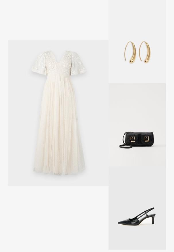 Maxi dress in cream with a V-neck, puff sleeves, and floral embroidery. The skirt features sheer layers with polka dots for added texture.; Black patent slingback heel with a pointed toe, featuring textured snake print, adjustable strap, and a short, textured block heel.; Black leather crossbody bag with two front pockets, gold buckles, zipper closure, and a slim strap. Textured surface and compact rectangular shape.; Gold-tone metal hoop earrings with a curved, elongated shape. Features a smooth, shiny surface and a rounded tip for added detail.