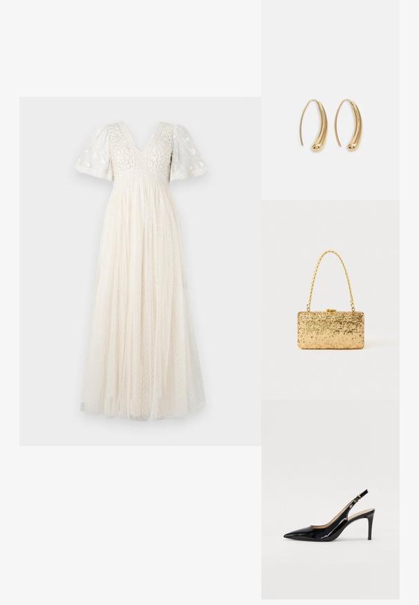 Vestuário maxi em creme com decote em V, mangas bufantes e bordado floral. A saia apresenta camadas transparentes com bolinhas para adicionar textura.; Sandal com salto em verniz preto, bico fino, salto esguio e um design de recorte subtil. Apresenta uma fivela dourada na alça.; Clutch dourada em lantejoulas com formato retangular, apresentando uma alça de corrente torcida e um fecho de metal, refletindo a luz com um acabamento texturizado.; Brincos em metal dourado com forma de arco alongado e curvado. Apresentam uma superfície lisa e brilhante, com uma ponta arredondada para um detalhe adicional.