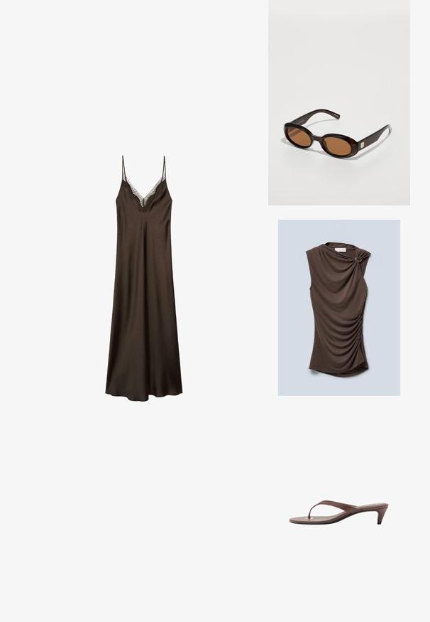 Koffee satijnen slipdress met kant detail rond de halslijn, dunne verstelbare bandjes en een relaxte pasvorm, met een gladde, zachte textuur.; Bruine mouwloze top met gedrapeerd stof, voorzien van een gedraaide schouderdetail en verzamelde zijkanten, gemaakt van een zachte, gladde stof.; Bruine hakken flip-flop sandaal met een slanke band en ronde teenpost, met een kleine gouden accent op de voetbed.; Bruine schildpadzonnebril met ovale lenzen, met een dunne montuur en een kleine metalen accent aan de zijkant. Geverfd en gepolijst afwerking.; Gehaakte beige clutch met een geraffineerd ontwerp en rond formaat, voorzien van een gestructureerde stofafwerking en een zachte opening aan de bovenkant.