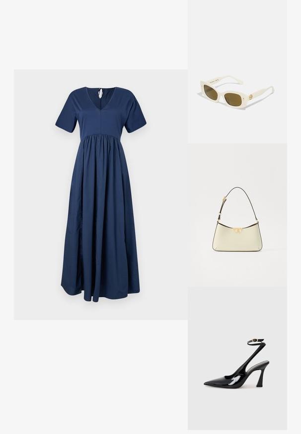 Navy blue maxi dress with short sleeves, V-neck, and gathered waist. Made of smooth fabric with a flowing silhouette and a tie closure at the back.; Black patent leather slingback high heels with a pointed toe, adjustable ankle strap, and a moderate block heel. Smooth texture with glossy finish.; White plastic sunglasses with a rectangular frame, brown lenses, and a gold accent on the temple. Smooth texture and modern design.; Leather handbag in cream with a curved shape. Features a gold-tone logo accent and a thin, adjustable dark strap.