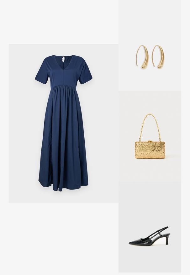 Morska modra maksi obleka s kratkimi rokavi, V-izrezom in nabranim pasom. Narejena iz gladkega materiala z tekočo silhueto in zavezovanjem na hrbtu.; Črne lakaste slingback pete s koničastim nosom, ki imajo teksturiran vzorec kačje kože, nastavljiv trak in kratek teksturiran blok peto.; Zlata torbica s pomičnim šalom v pravokotni obliki, z zasukano verižico in kovinskim zapiranjem, ki odseva svetlobo z teksturirano površino.; Zlato-tonirani kovinski uhani v obliki obroča s krivuljo in podolgovato obliko. Imajo gladko, sijočo površino in zaobljen vrh za dodaten detajl.
