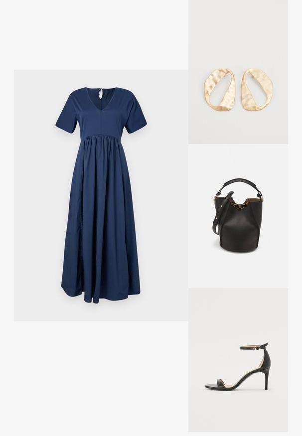 Navy blue maxi dress with short sleeves, V-neck, and gathered waist. Made of smooth fabric with a flowing silhouette and a tie closure at the back.; Black leather high-heeled sandal with an ankle strap. Features a smooth texture, open toe, and a thin heel. Gold-toned buckle detail.; Black leather bucket bag with a textured finish, gold hardware accents, and an open top. Features a short handle and adjustable shoulder strap.; Pair of irregular oval-shaped gold-toned metal earrings with a textured, slightly hammered surface on a white background.