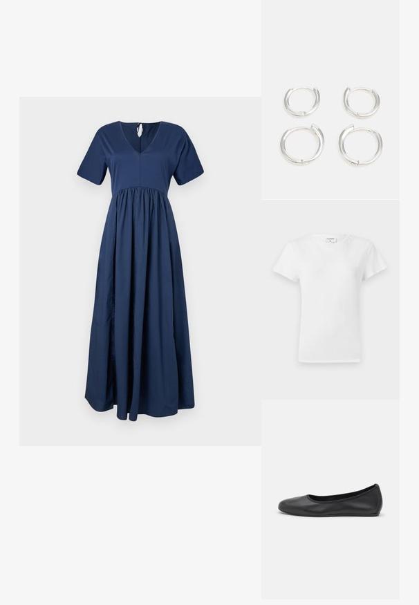 Robes maxi bleu marine à manches courtes, décolleté en V et taille froncée. Réalisée en tissu doux avec une silhouette fluide et une fermeture à nouer dans le dos.; T-shirt en coton blanc avec un col rond et des manches courtes, présentant une coupe décontractée et un design minimaliste. Étiquette visible au niveau du cou.; Ballerines en cuir noir avec un bout rond, texture lisse, détails de couture minimalistes et design de semelle flexible.; Boucles d'oreilles créoles en argent, avec une finition lisse et polie. Deux paires de tailles légèrement différentes. Design simple et circulaire, léger.