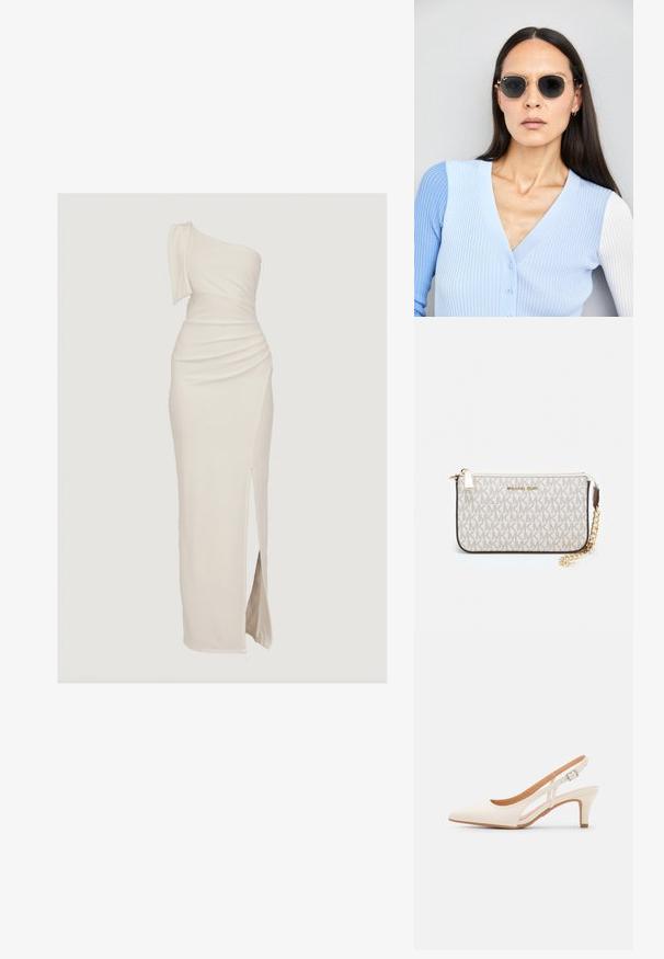 Vieno peties, grindų ilgio suknelė kremine spalva, su raukšlėta tekstūra ir aukštu šlaunies skaldymu. Pagaminta iš lygios, elastingos medžiagos komfortui.; Balti slingback kulniukai su smailiu pirštu, lygia viršutine medžiaga, žemu blokuotu kulnu ir šoniniu išpjovimu su reguliuojamu sagtimi.; Apskriti saulės akiniai su tamsiais objektyvais ir auksiniais rėmeliais. Modelis vilki šviesiai mėlyną, raukinį kardiganą su mygtukais ir kontrastingomis baltomis rankovėmis.; Michael Kors rankinė smėlio spalvos dengto kanvoje su pakartotiniu MK logotipo raštu, auksinėmis detalėmis ir nuimamu grandininiu dirželiu.