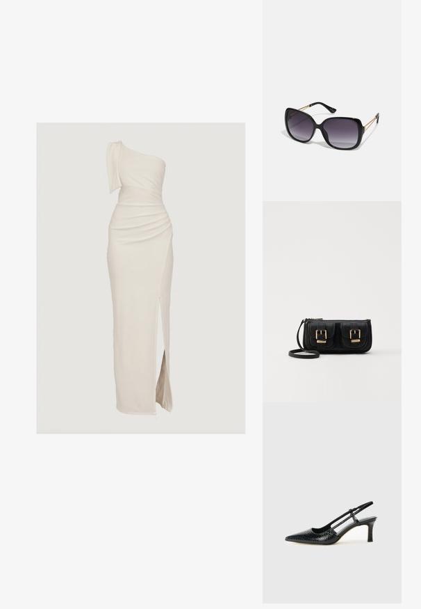 Abito lungo a una spalla in crema con texture arricciata e spacco alto fino alla coscia. Realizzato in tessuto morbido e elasticizzato per il massimo comfort.; Slingback con tacco in vernice nera con punta affusolata, caratterizzato da una stampa a serpente testurizzata, cinturino regolabile e un tacco corto e testurizzato.; Occhiali da sole neri oversize con lenti sfumate, montatura spessa e dettagli in catena dorata sulle astine.; Borsa a tracolla nera in pelle con due tasche frontali, fibbie dorate, chiusura con zip e una tracolla sottile. Superficie texturizzata e forma rettangolare compatta.