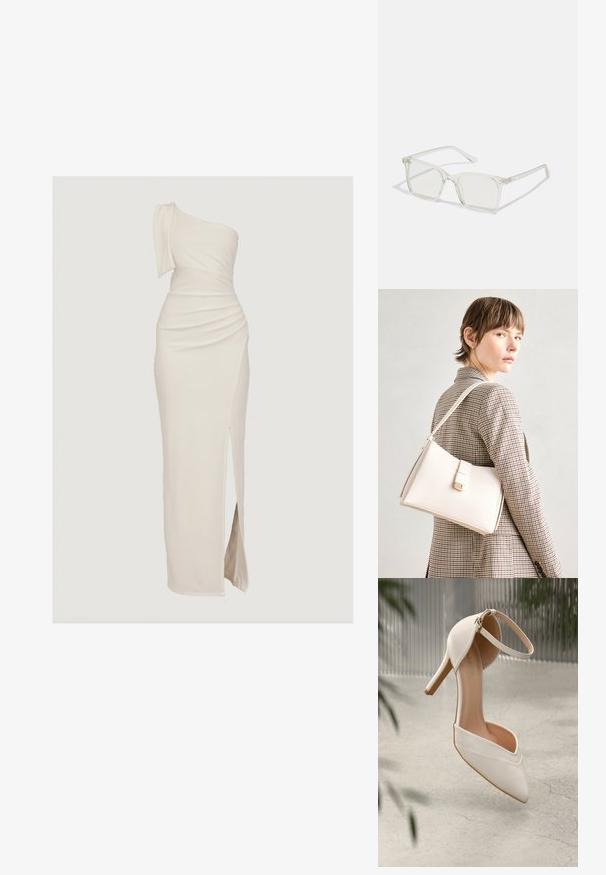 Enosno, dolg obleka v kremni barvi z naborki in razporkom do stegna. Narejena iz gladkega, elastičnega materiala za udobje.; Bele visoke petne čevlje iz gladkega materiala s koničastim nosom in gležnjenim trakom. Imajo svetlo tan notranjost in zlat ton dodatkov.; Prozorne kvadratne plastične očala s prozornimi lečami, ki imajo zlato dekoracijo na ročajih za dodaten pridih podrobnosti.; Bela usnjena torba s strukturirano zasnovo, opremljena z magnetnim zapiranjem in naramnico, prikazana na nevtralni ozadju.