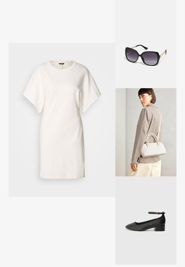 Weißes oversized T-Shirt-Kleid aus weichem Baumwollstoff. Verfügt über einen runden Halsausschnitt und kurze Ärmel, mit einem geraden Saum und minimalistischem Design.; Schwarze Lederpumps mit spitzem Zehenbereich und niedrigem Blockabsatz. Mit einem Knöchelriemen und einer goldfarbenen Schnalle. Glatte Textur.; Schwarze übergroße Sonnenbrille mit getönten Gläsern, dicken Rahmen und goldfarbener Kettendetaillierung an den Bügeln.; Weiße strukturierte Handtasche mit kurzen Griffen und einem Schultergurt, ausgestattet mit goldfarbenen Hardware-Elementen und strukturiertem Material, vor einem grauen Hintergrund präsentiert.; Silberner Doppelring mit einer glatten, polierten Oberfläche. Verfügt über ein fließendes, kurviges Design mit überlappenden Abschnitten für einen modernen Look.