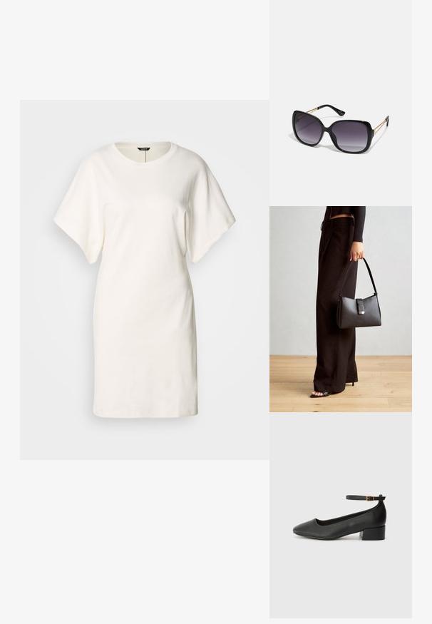 Fehér, oversized pólóruha, puha pamutból készült. Kerek nyakkivágással és rövid ujjakkal rendelkezik, egyenes végződése és minimalista dizájnja van.; Fekete bőr magassarkú cipő hegyes orral és alacsony tömb sarkal. Bokapánttal rendelkezik, aranyszínű csattal. Simább textúra.; Fekete, oversize napszemüveg fokozatos árnyalatú lencsékkel, vastag kerettel és arany színű lánc díszítéssel a szárakon.; Fekete kézi táska strukturált formával, sima textúrával és fémből készült záródással. Széles fekete nadrággal és nyitott orrú szandállal párosítva, fából készült padlón.