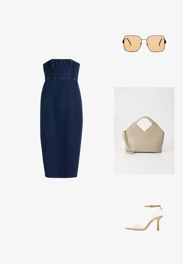 Jednofarebná tmavomodrá džínová šatová šaty bez ramienok, úzkeho strihu, s dĺžkou po kolená, so zberaným korzetom a horizontálnym švom na páse.; Priehľadné sandále na vysokom podpätku s transparentným zvrškom, béžovou stielkou a štíhlym remienkom na členku. Majú špicatú špičku a tenký vysoký podpätok.; Štvorcové slnečné okuliare s hnedými sklami a tenkým čiernym kovovým rámom. Vlastnosti zahŕňajú šikmé ramienka a nastaviteľné nosové podložky pre väčšie pohodlie.; Béžová štruktúrovaná kabelka s vrcholom v tvare V, vyrobená z hladkej kože, s krátkymi rúčkami a dlhým nastaviteľným popruhom. Minimalistický dizajn.