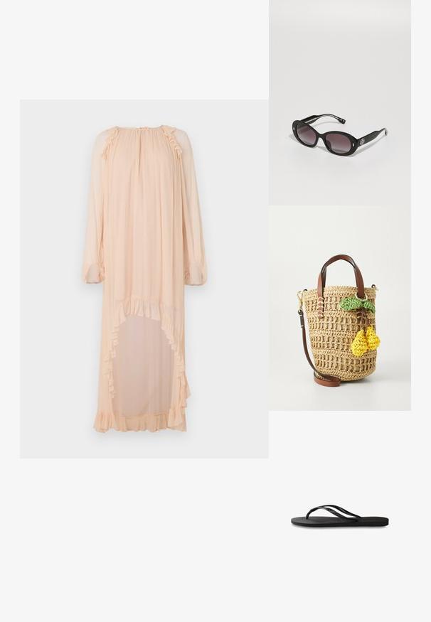 Pitkä, vaalean persikkainen mekko, joka on valmistettu kevyestä kankaasta. Mekossa on röyhelökoristeet kaula-aukossa ja helman reunassa, sekä korkea halkio toisella puolella.; Mustat flip-flopit, joissa on röpelöinen kumipohja, kaksi hoikkaa remmiä ja hillitty, kohokuvioitu logotyyli remmissä.; Mustat aurinkolasit, joissa on tummansävyinen harmaa linssi, ovaali muoto, kiiltävä pinta, ja joissa on näkyvä logo sivussa sekä hopeiset yksityiskohdat.; Kudottu olkilaukku, jossa on ruskea nahkahihna, ja jonka sivulta roikkuu vihreä lehti sekä kaksi keltaista virkattua sitruuna-akcenttia.