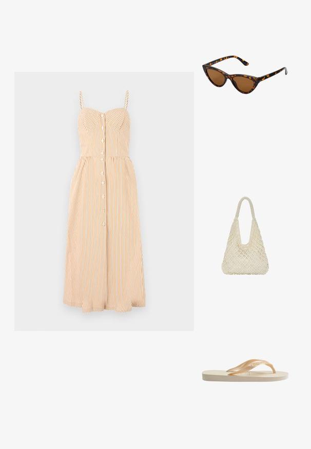 Trägerkleid in hellorange und weißen vertikalen Streifen, mit tailliertem Oberteil, Knopfverschluss und schwingendem Midi-Rock.; Beige Flip-Flop mit strukturiertem Fußbett, leicht erhöhtem Absatz und transparenten Riemen mit dezentem Logo-Relief.; Katzenaugen-Sonnenbrille mit einem schwarz-orangenen Schildpattrahmen, braunen Gläsern und schlanken, spitzen Enden. Verfügt über ein minimalistisches Logo am Bügel.; Cremfarbener gewebter Handtasche mit einem Diamantmuster, weicher Textur und einem Schlaufenhenkel, der eine lässige Hobo-Form zeigt.