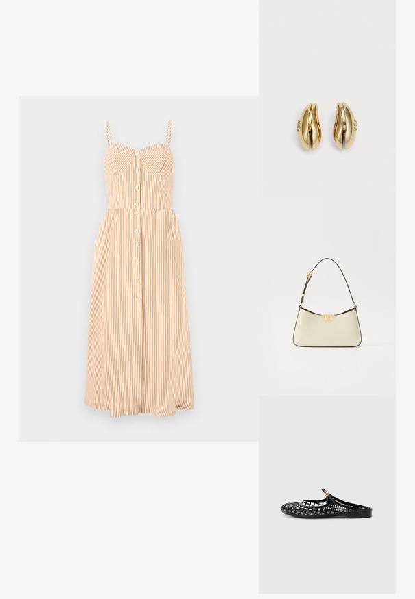 Siksnas kleita gaiši oranžā un baltā vertikālā svītrā, ar pieguļošu augšu, pogu aizdari un izplestu midi svārku.; Tory Burch MELLOW MARY JANE - Iešļūcenes - perfect black/gold; Kriemeļkrāsas ādas rokassoma ar izliekta formas dizainu. Iespējo zelta toņa logotipa uzsvars un plāna, regulējama tumša siksna.; Zelta tonis auskari ar plūstošu, izliekta dizaina formu. Katrs auskar ir ar gludu virsmu un nelielu aizdari ar dekoratīvu detaļu.