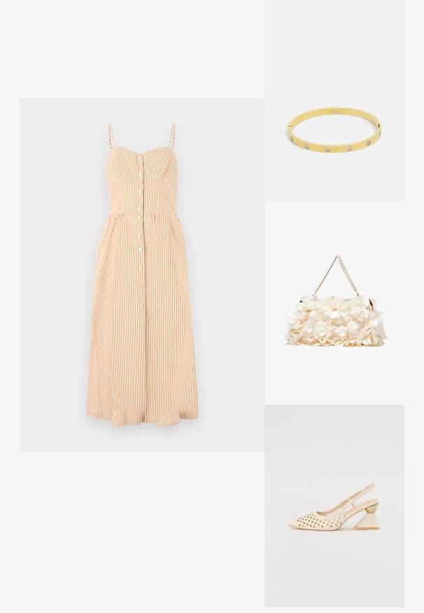Axelklänning i ljus orange och vita vertikala ränder, med en åtsittande oben och knäppning, samt en utsvängd midiklänning.; Beige slingback-sko med perforerat ovansidan, spetsig tå, och en kontrasterande triangulär klack med en guldaccent. Slät textur överlag.; Vit blommig handväska med en rynkad tygöverflata, guldfärgad kedjeslips och metallspänne. Har strukturerade blad för extra detalj.; Guldarmbandet har en slät, elegant design med fem klara rhinstenar jämnt fördelade längs med bandet. Graverad logotyp inuti.