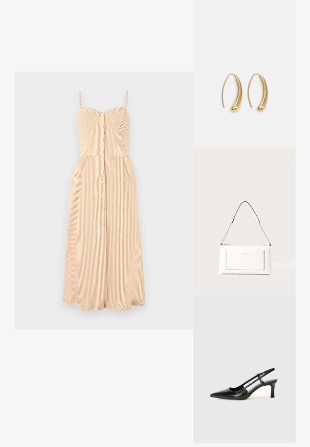 Rochie cu bretele în dungi verticale alb și portocalie deschisă, cu un corset ajustat, închidere cu nasturi și o fustă midi evazată.; Pantofi cu toc slingback negri din patent, cu vârf ascuțit, cu imprimeu de șarpe texturat, curea ajustabilă și toc scurt texturat.; Geantă de mână din piele albă cu un finisaj texturat, având o curea din lanț aurie și accente negre. Include un buzunar frontal și închidere cu fermoar.; Cercei din metal auriu, cu un design curbat și alungit. Au o suprafață netedă și strălucitoare, cu un vârf rotunjit pentru un detaliu suplimentar.